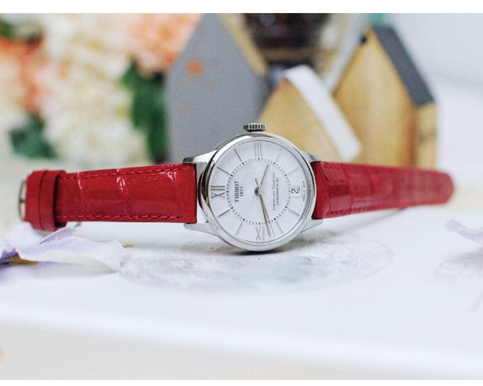  Shop Authentic Tissot Chemin Des Tourelles Automatic Mother of Pearl White Dial Red Leather Strap Watch For Women - T099.207.16.118.00 - Luxxuri