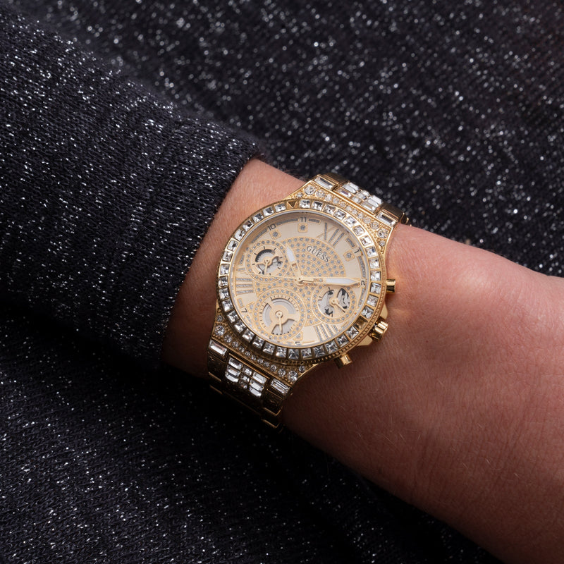  Shop Authentic Guess Moonlight Multi Function Diamonds Gold Dial Gold Steel Strap Watch for Women - GW0320L2 - Luxxuri