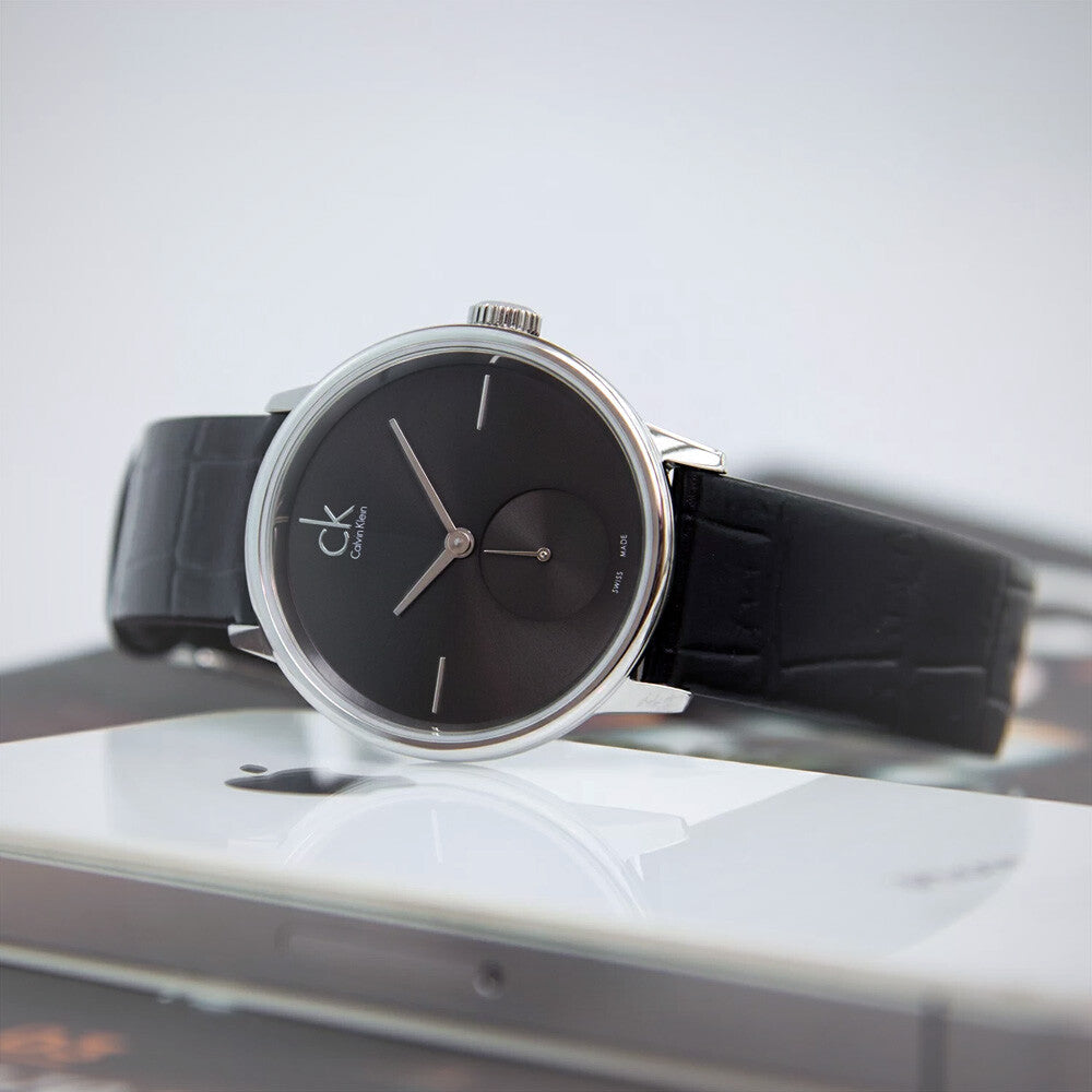  Shop Authentic Calvin Klein Accent Black Dial Black Leather Strap Watch for Women - K2Y231C3 - Luxxuri