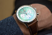  Shop Authentic Breitling Navitimer B01 Chronograph 41 Green Dial Brown Leather Strap Watch for Men - AB0139211L1P1 - Luxxuri