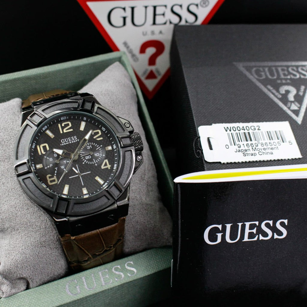  Shop Authentic Guess Rigor Analog Quartz Black Dial Brown Leather Strap Watch For Men - W0040G2 - Luxxuri