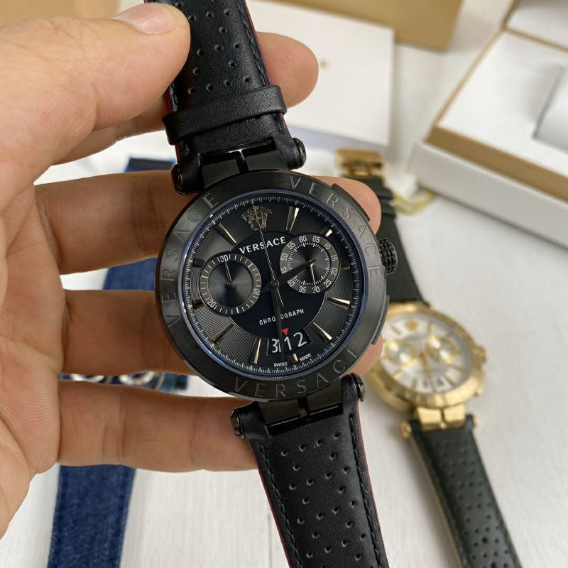  Shop Authentic Versace V-Racer Aion Chronograph Black Dial Black Leather Strap Watch for Men - VBR030017 - Luxxuri
