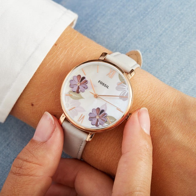  Shop Authentic Fossil Jacqueline Mother of Pearl Dial Grey Leather Strap Watch for Women - ES4672 - Luxxuri