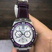  Shop Authentic Guess Limelight Quartz Silver Dial Purple Leather Strap Watch For Women - W0775L6 - Luxxuri