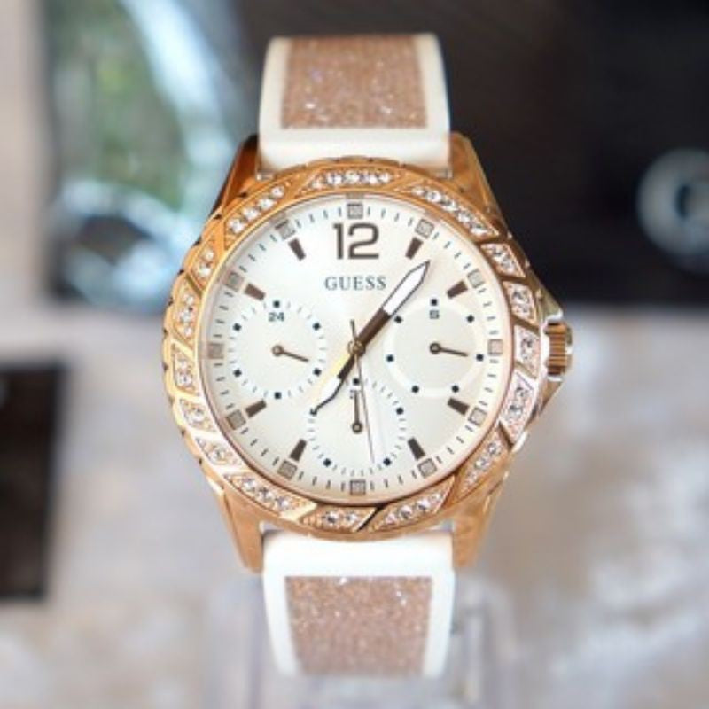  Shop Authentic Guess Swirl Quartz Silver Dial White Rubber Strap Watch For Women - W1096l2 - Luxxuri