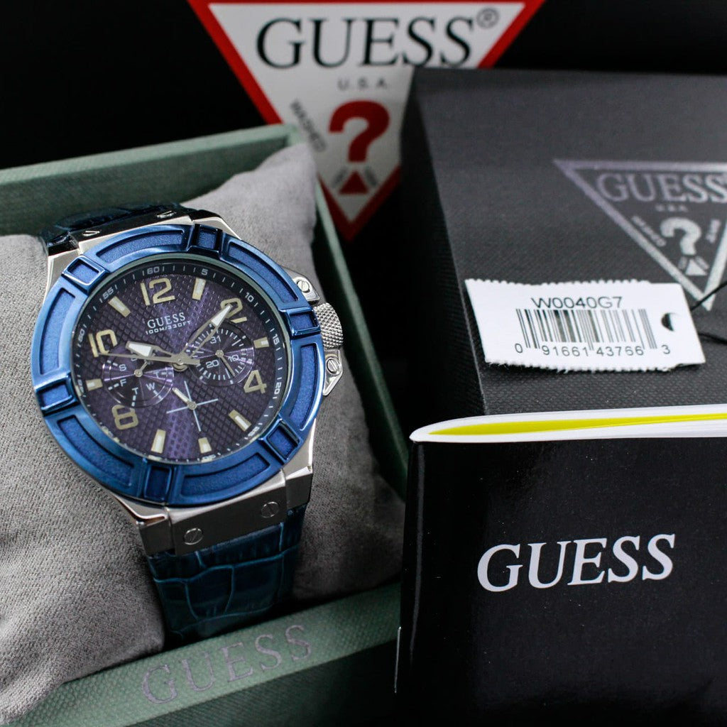  Shop Authentic Guess Rigor Multifunction Chronograph Blue Dial Blue Leather Strap Watch For Men - W0040G7 - Luxxuri