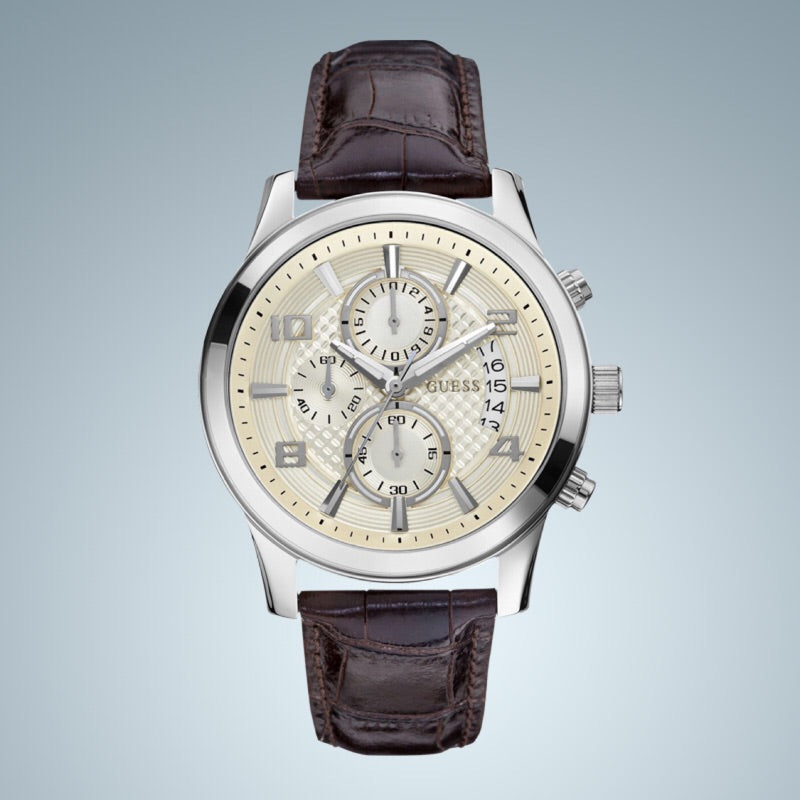  Shop Authentic Guess Exec Chronograph White Dial Brown Leather Strap Watch For Men - W0076G2 - Luxxuri