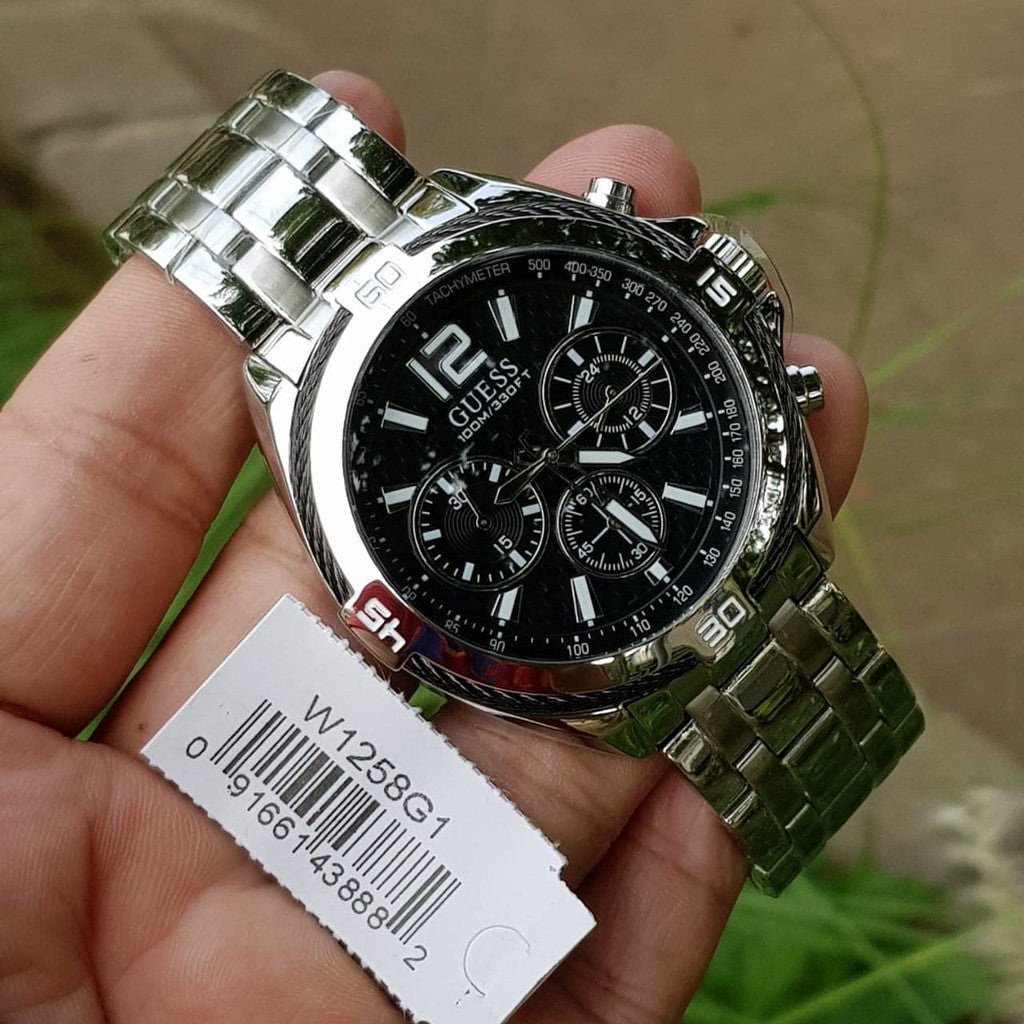  Shop Authentic Guess Surge Chronograph Black Dial Silver Steel Strap Watch for Men - W1258G1 - Luxxuri