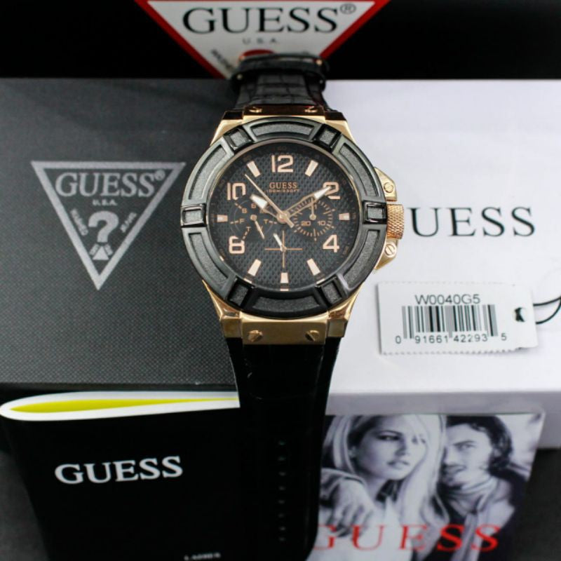  Shop Authentic Guess Rigor Analog Black Dial Black Leather Strap Watch For Men - W0040G5 - Luxxuri