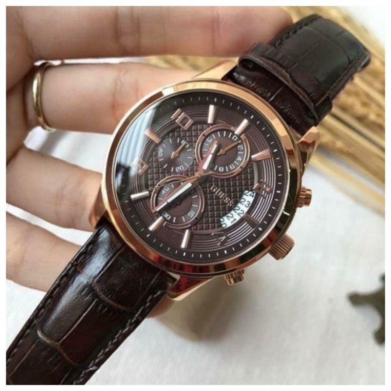  Shop Authentic Guess Exec Chronograph Brown Dial Brown Leather Strap Watch For Men - W0076G4 - Luxxuri