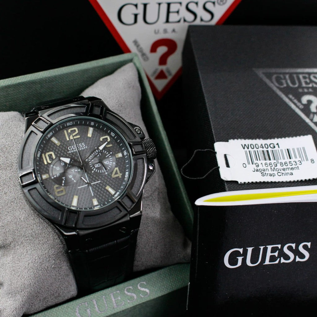  Shop Authentic Guess Rigor Analog Black Dial Black Leather Strap Watch For Men - W0040G1 - Luxxuri