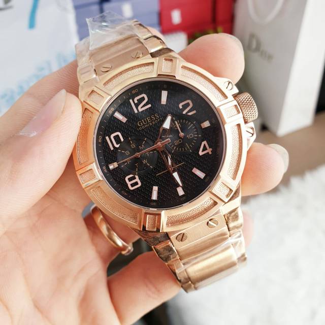  Shop Authentic Guess Rigor Multi Function Black Dial Rose Gold Steel Strap Watch For Men - W0218G3 - Luxxuri
