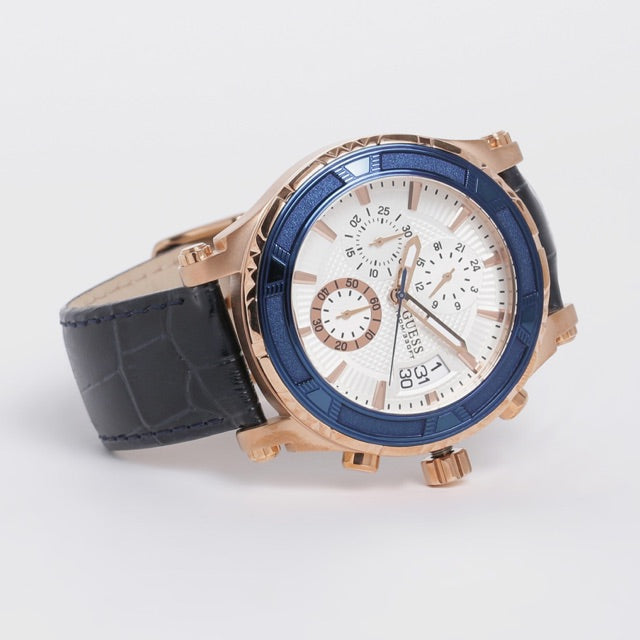  Shop Authentic Guess Pinnacle Chronograph White Dial Blue Leather Strap Watch For Men - W0673G6 - Luxxuri