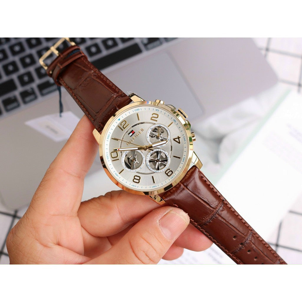  Shop Authentic Tommy Hilfiger Keagan Quartz Silver Dial Brown Leather Strap Watch for Men - 1791291 - Luxxuri