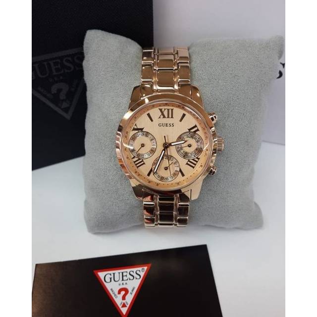  Shop Authentic Guess Mini Sunrise Chronograph Quartz Rose Gold Dial Rose Gold Steel Strap Watch For Women - W0448L3 - Luxxuri