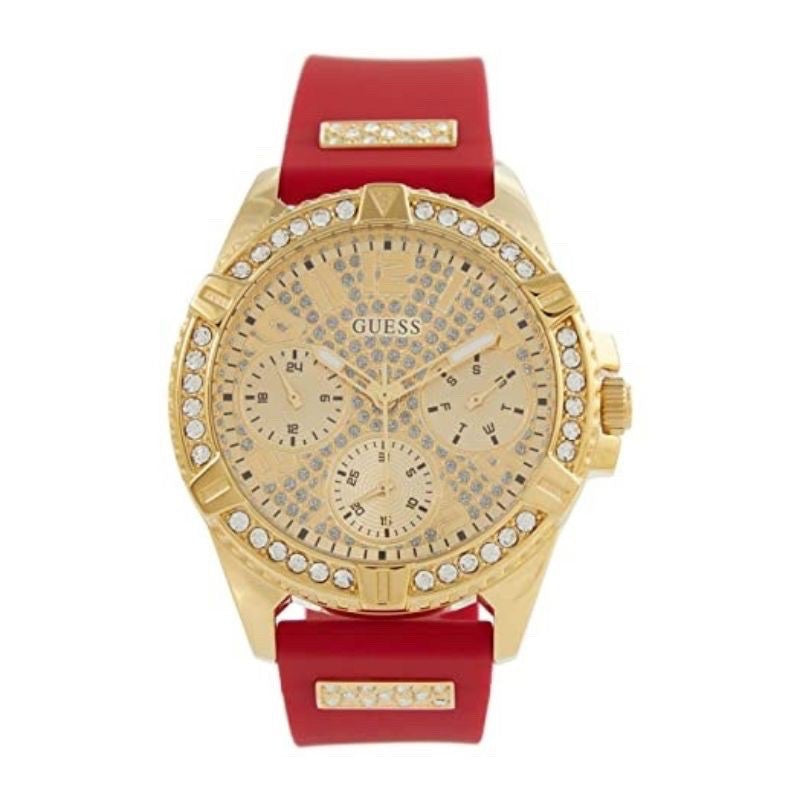  Shop Authentic Guess Frontier Diamonds Gold Dial Red Rubber Strap Watch for Women - GW0045L2 - Luxxuri