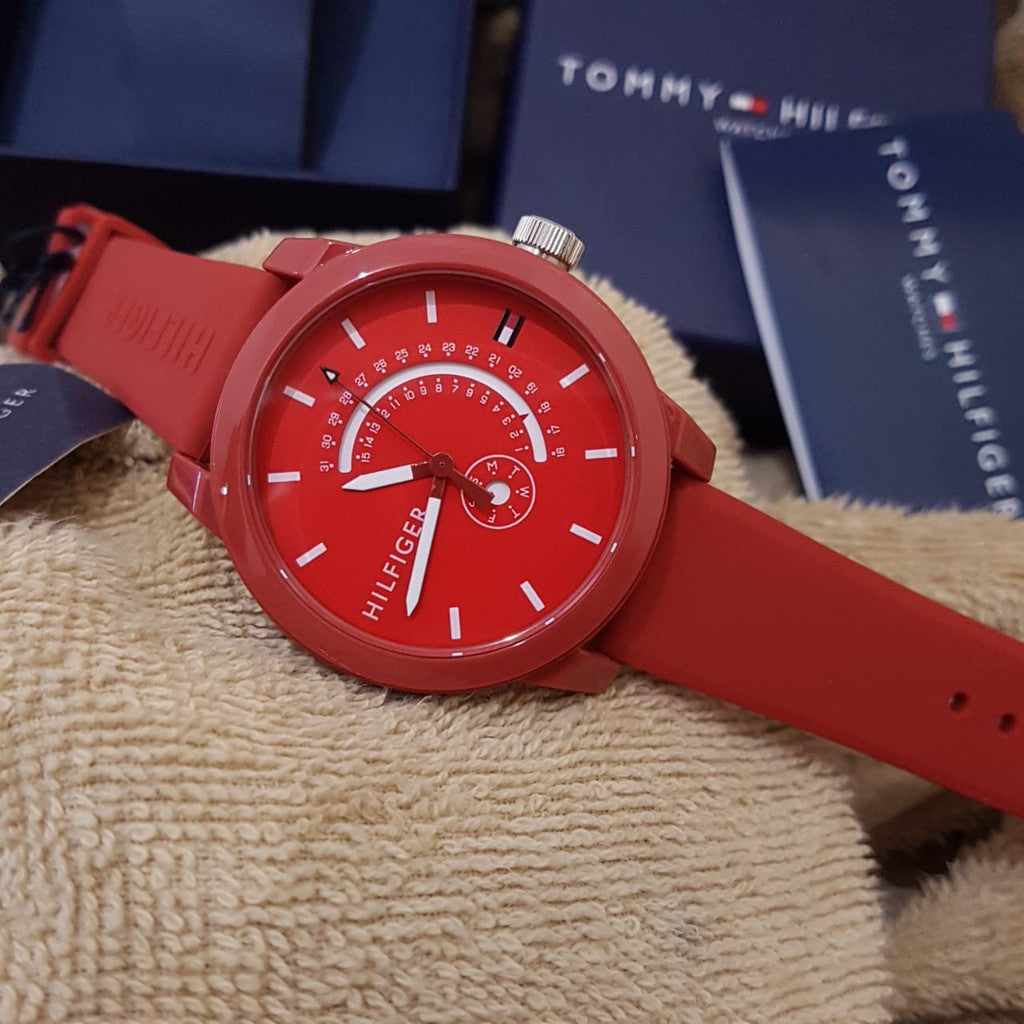  Shop Authentic Tommy Hilfiger Denim Quartz Red Dial Red Rubber Strap Watch for Men - 1791323 - Luxxuri