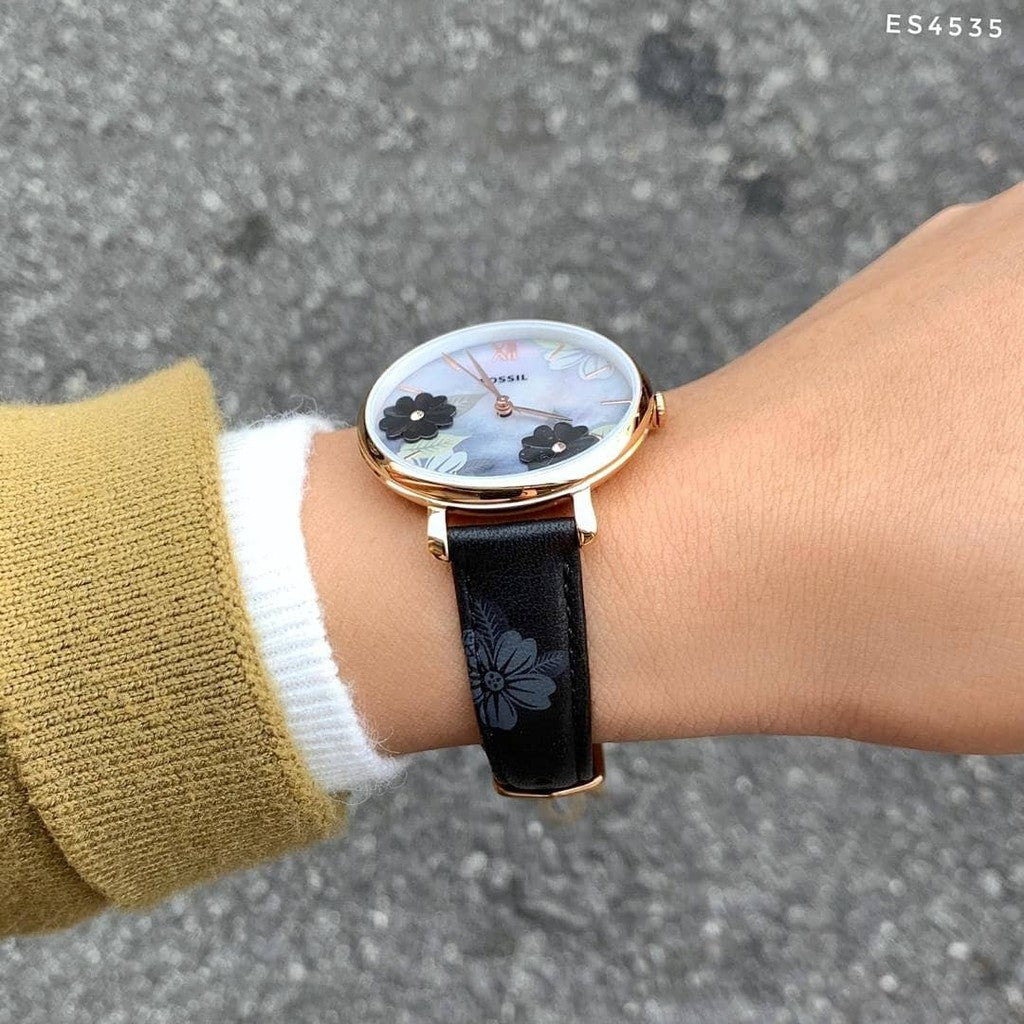  Shop Authentic Fossil Jacqueline Mother of Pearl Dial Black Leather Strap Watch for Women - ES4535 - Luxxuri