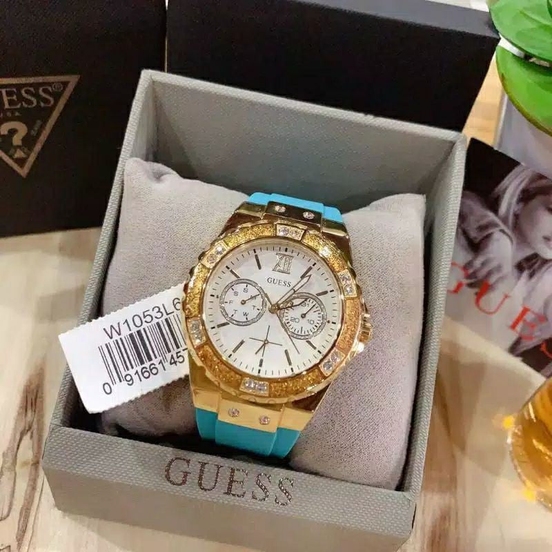  Shop Authentic Guess Limelight Crystal White Dial Light Blue Rubber Strap Watch for Women - W1053L6 - Luxxuri