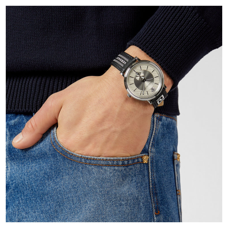  Shop Authentic Versace V-Circle Silver Dial Black Leather Strap Watch for Men - VEBQ01219 - Luxxuri