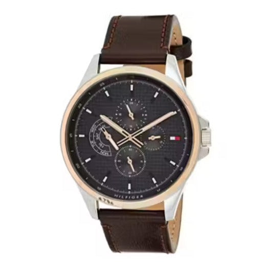  Shop Authentic Tommy Hilfiger Shawn Multifunction Grey Dial Brown Leather Strap Watch for Men - 1791615 - Luxxuri