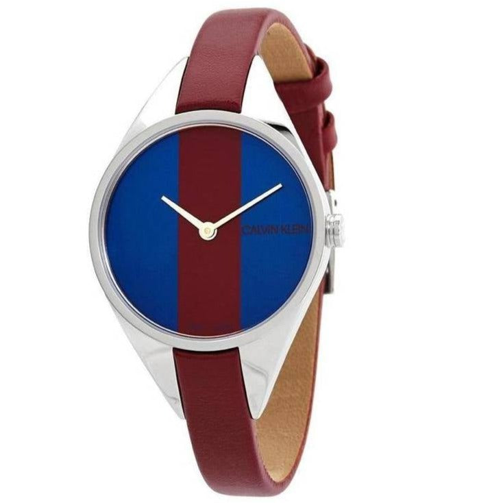  Shop Authentic Calvin Klein Rebel Blue Maroon Dial Maroon Leather Strap Watch for Women - K8P231UN - Luxxuri