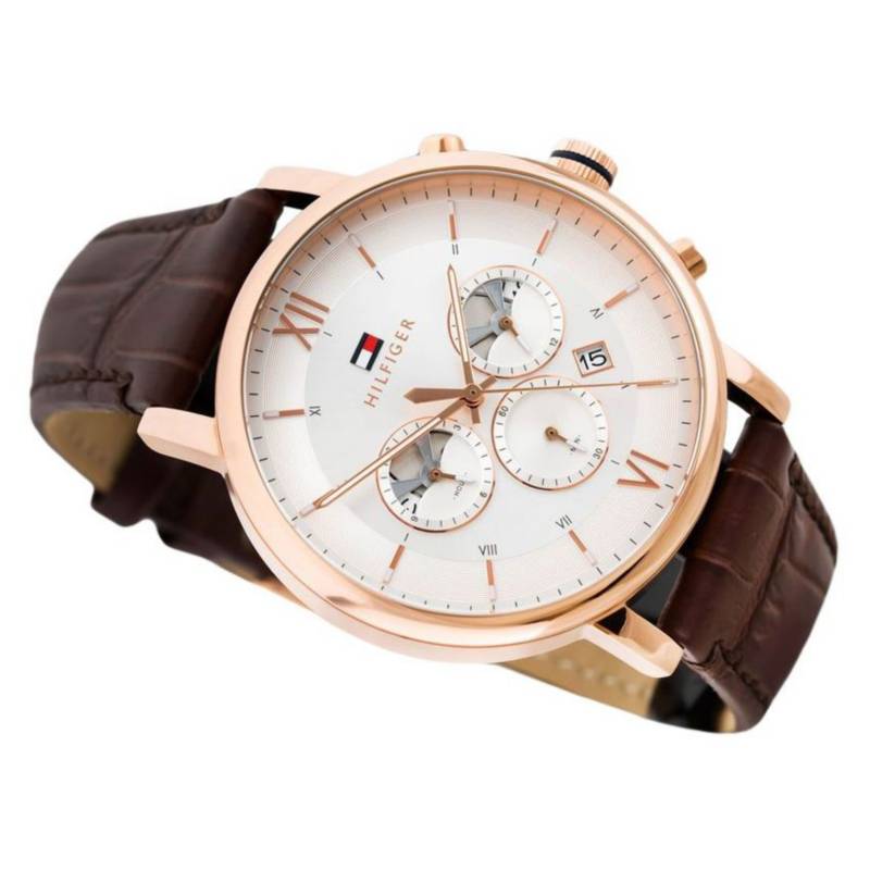  Shop Authentic Tommy Hilfiger Evan White Dial Brown Leather Strap Watch for Men - 1710394 - Luxxuri