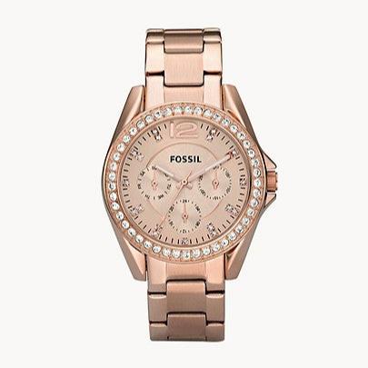  Shop Authentic Fossil Riley Multifunction Rose Gold Dial Rose Gold Steel Strap Watch for Women - ES2811 - Luxxuri