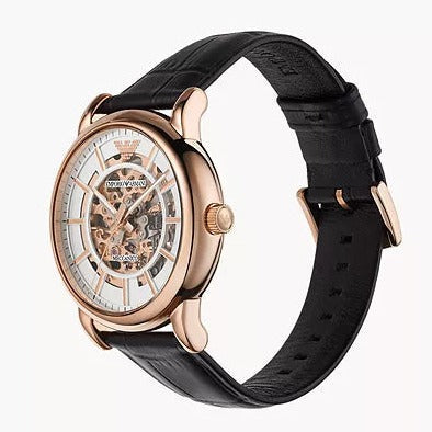  Shop Authentic Emporio Armani Luigi Skeleton Silver Dial Black Leather Strap Watch For Men - AR60007 - Luxxuri