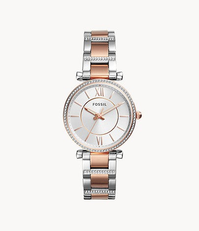  Shop Authentic Fossil Carlie Silver Dial Two Tone Steel Strap Watch for Women - ES4342 - Luxxuri