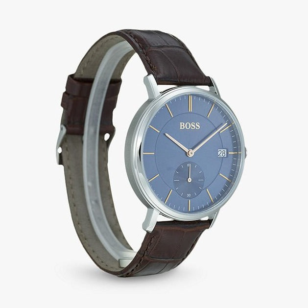 Shop Authentic Hugo Boss Corporal Blue Dial Brown Leather Strap Watch for Men - 151363 - Luxxuri