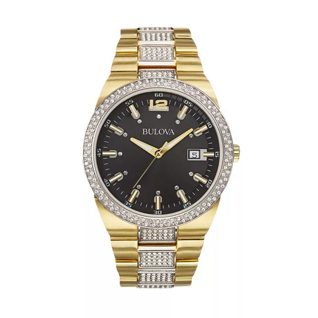  Shop Authentic Bulova Crystal Black Dial Two Tone Steel Strap Watch for Men - 98B235 - Luxxuri