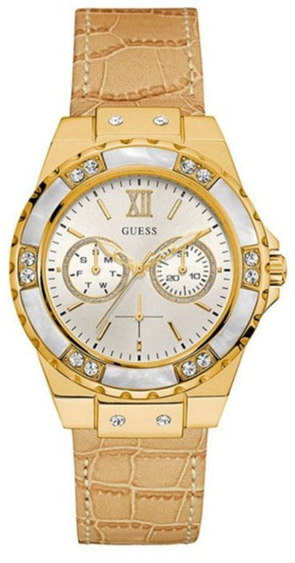 Shop Authentic Guess Limelight Quartz Silver Dial Golden Leather Strap Watch For Women - W0775L2 - Luxxuri