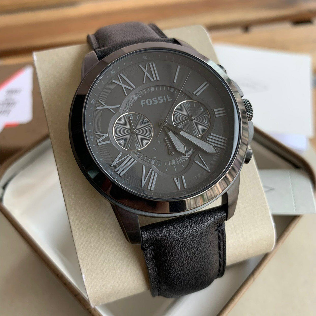  Shop Authentic Fossil Grant Chronograph Black Dial Black Leather Strap Watch for Men - FS5132 - Luxxuri
