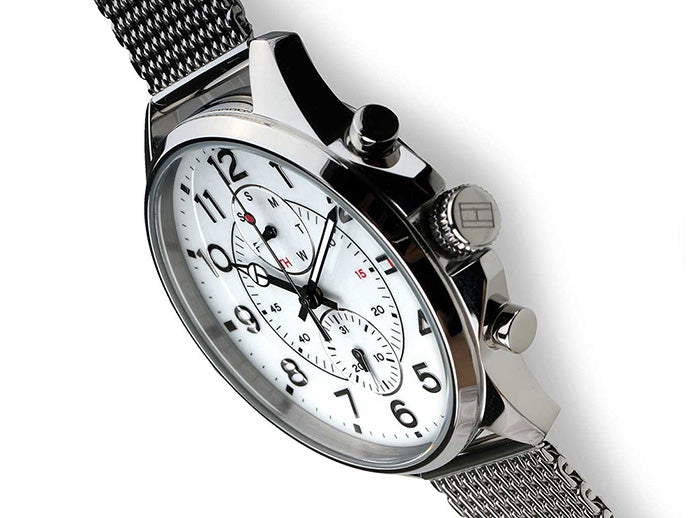  Shop Authentic Tommy Hilfiger Dean Chronograph White Dial Silver Mesh Bracelet Watch for Men - 1791277 - Luxxuri