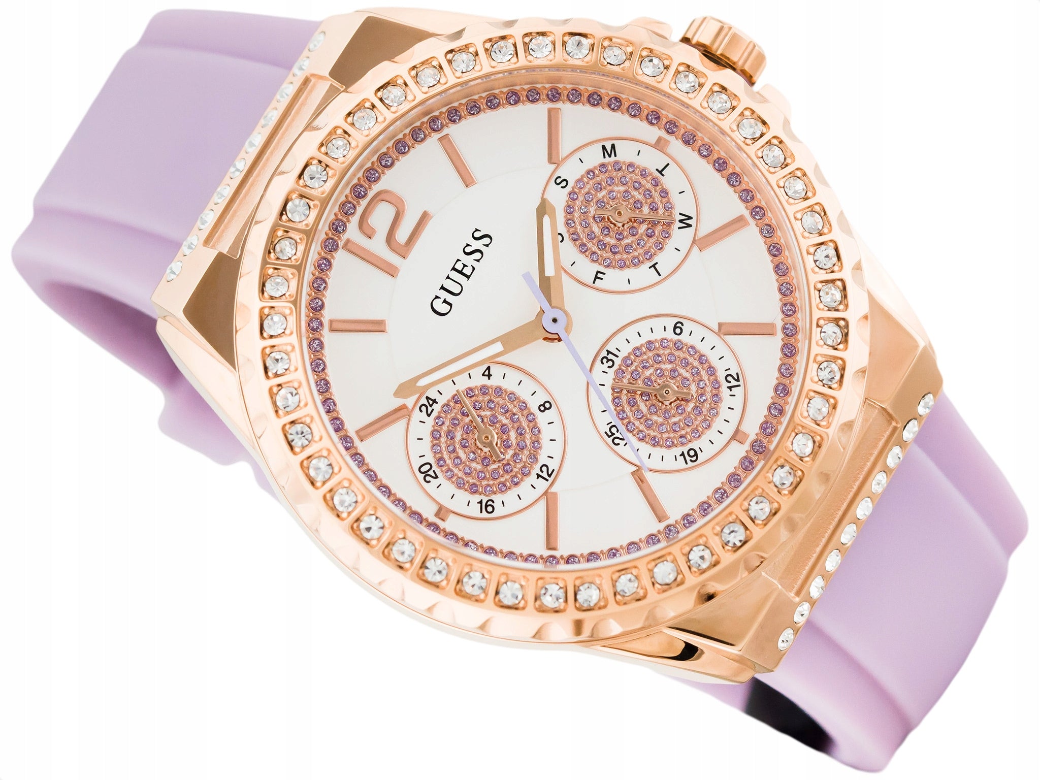  Shop Authentic Guess Starlight Diamonds White Dial Purple Rubber Strap Watch for Women - W0846L6 - Luxxuri