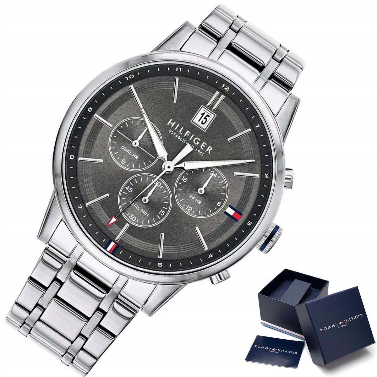  Shop Authentic Tommy Hilfiger Kyle Chronograph Grey Dial Silver Steel Strap Watch for Men - 1791632 - Luxxuri