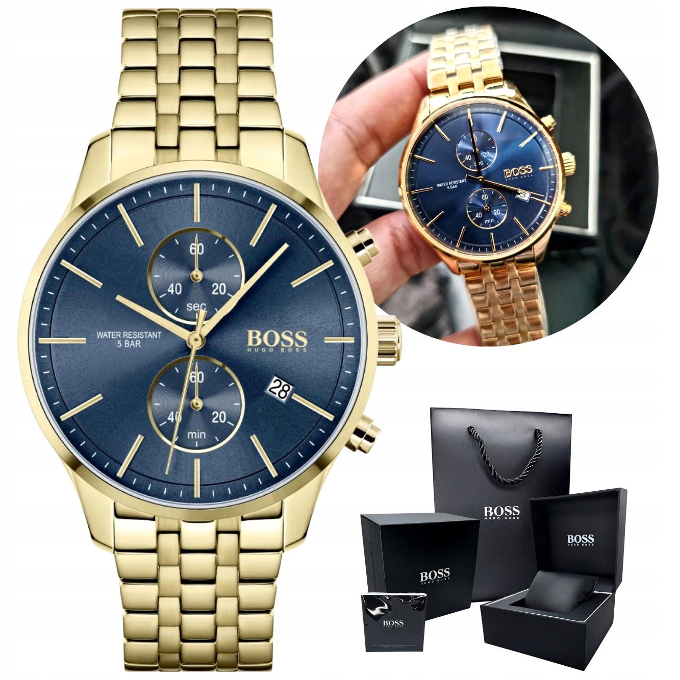  Shop Authentic Hugo Boss Associate Blue Dial Gold Steel Strap Watch for Men - 1513841 - Luxxuri