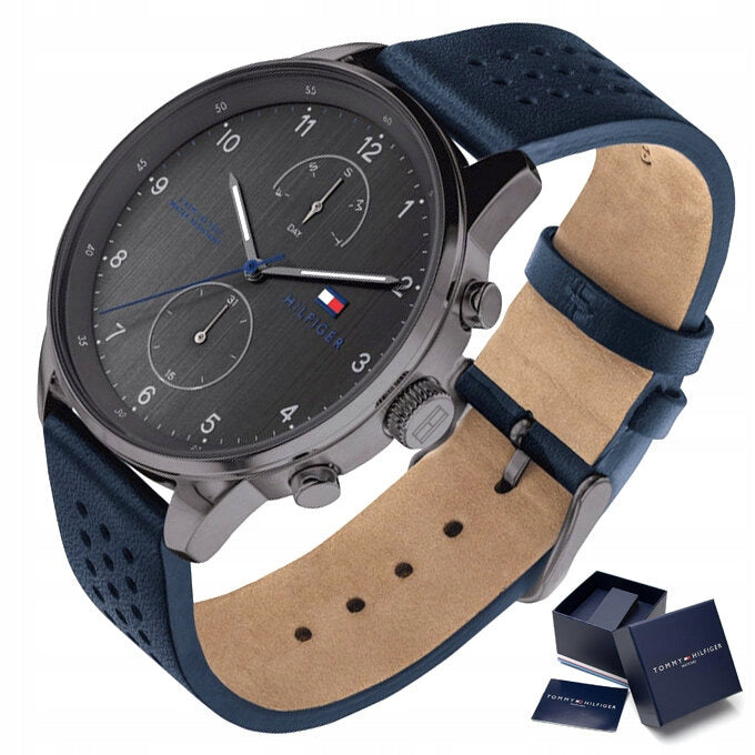  Shop Authentic Tommy Hilfiger Chase Grey Dial Blue Leather Strap Watch for Men - 1791578 - Luxxuri