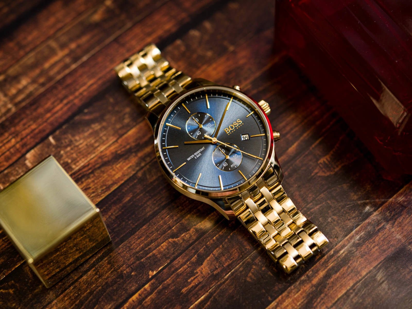  Shop Authentic Hugo Boss Associate Blue Dial Gold Steel Strap Watch for Men - 1513841 - Luxxuri