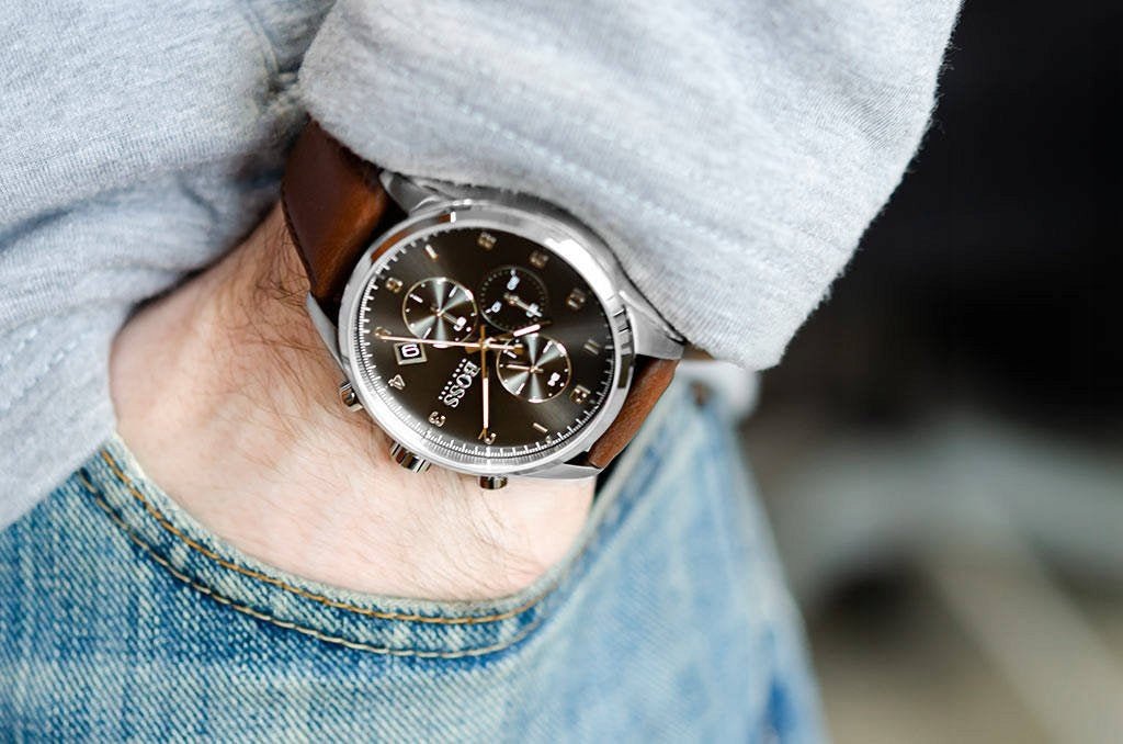  Shop Authentic Hugo Boss Skymaster Grey Dial Brown Leather Strap Watch for Men - 1513787 - Luxxuri