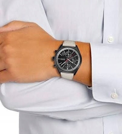  Shop Authentic Hugo Boss Grand Prix Chronograph Black Dial Grey Leather Strap Watch for Men - 1513562 - Luxxuri