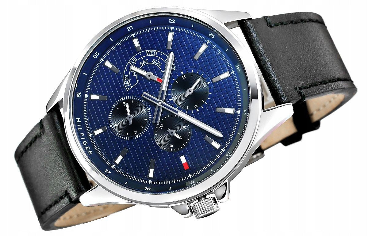 Shop Authentic Tommy Hilfiger Shawn Multifunction Quartz Blue Dial Black Leather Strap Watch for Men - 1791616 - Luxxuri
