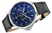  Shop Authentic Tommy Hilfiger Shawn Multifunction Quartz Blue Dial Black Leather Strap Watch for Men - 1791616 - Luxxuri