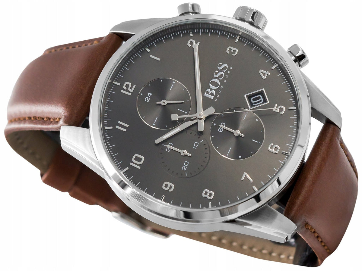  Shop Authentic Hugo Boss Skymaster Grey Dial Brown Leather Strap Watch for Men - 1513787 - Luxxuri