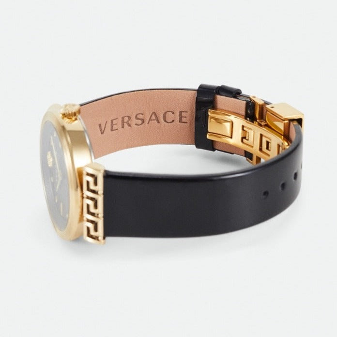  Shop Authentic Versace Greca Meander Black Dial Black Leather Strap Watch for Women - VELW00420 - Luxxuri