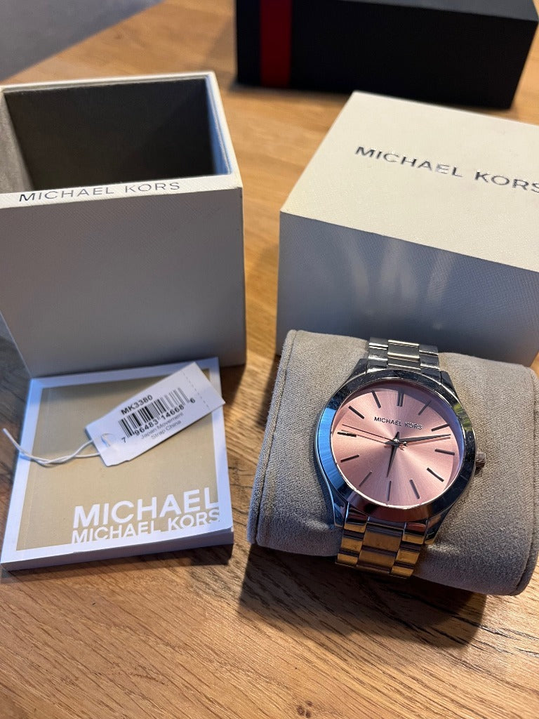  Shop Authentic Michael Kors Slim Runway Quartz Pink Dial Silver Steel Strap Watch For Women - MK3380 - Luxxuri