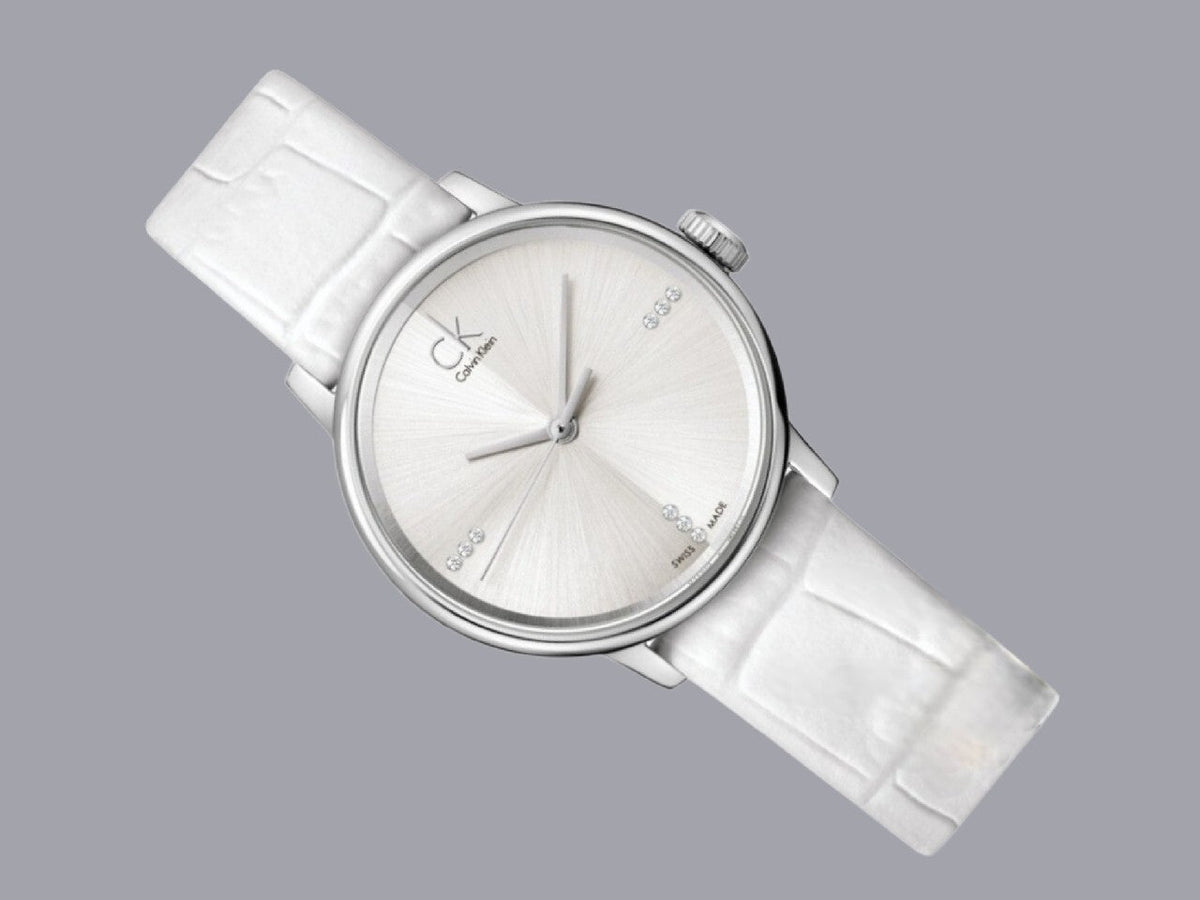 Shop Authentic Calvin Klein Accent Silver Dial White Leather Strap Watch for Women - K2Y2Y1KW - Luxxuri