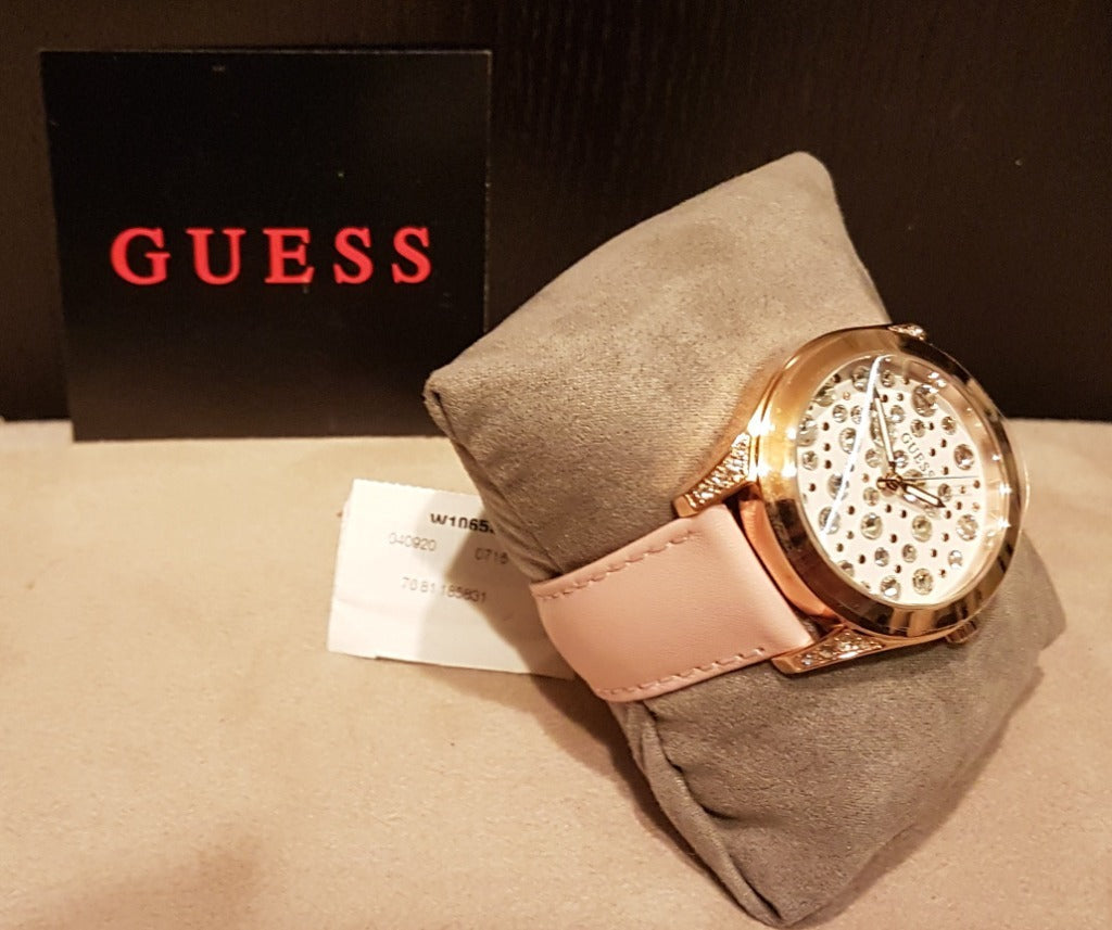  Shop Authentic Guess Wonderlust Beige Dial Pink Leather Strap Watch for Women - W1065L1 - Luxxuri