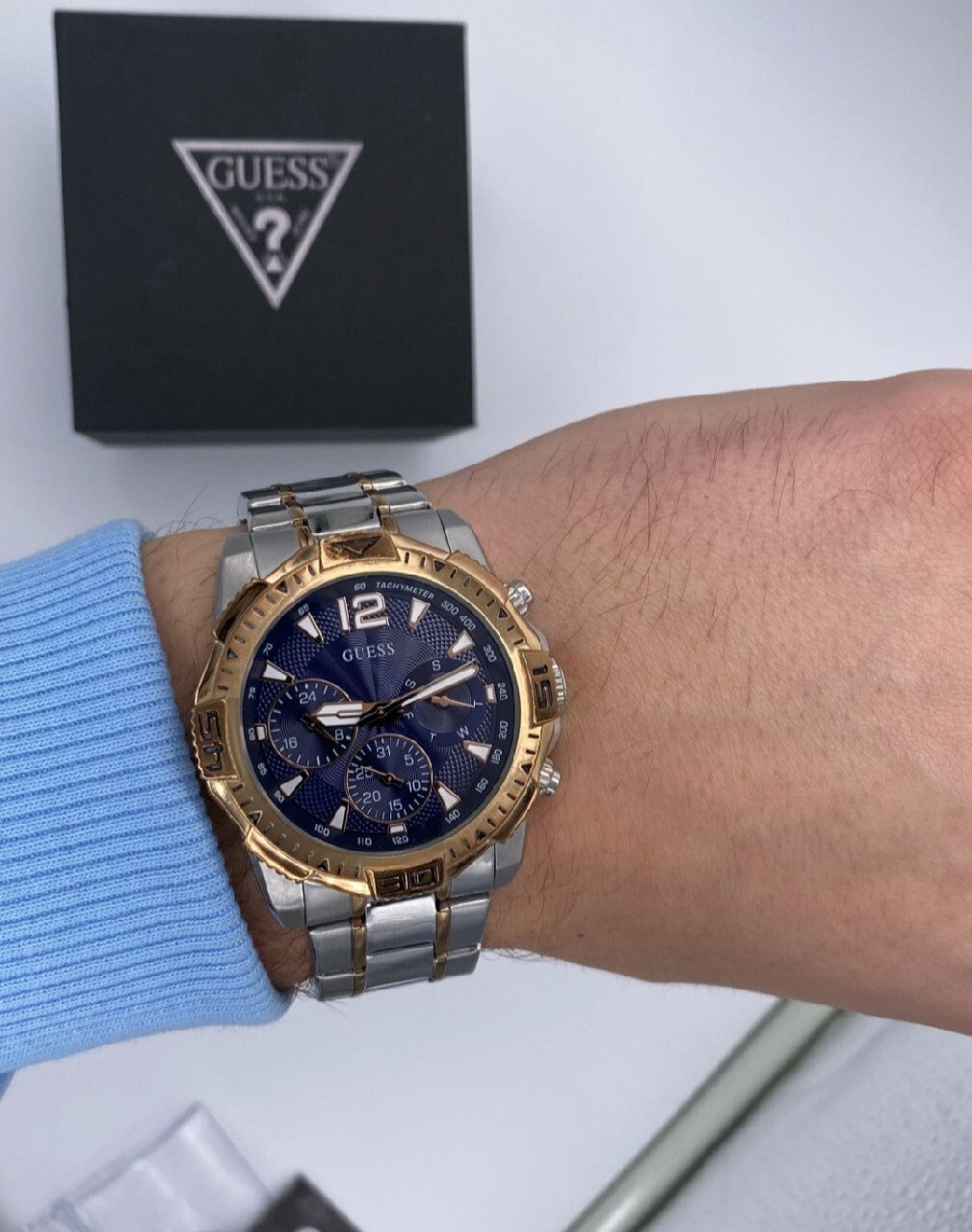  Shop Authentic Guess Commander Chronograph Blue Dial Two Tone Steel Strap Watch for Men - GW0056G5 - Luxxuri